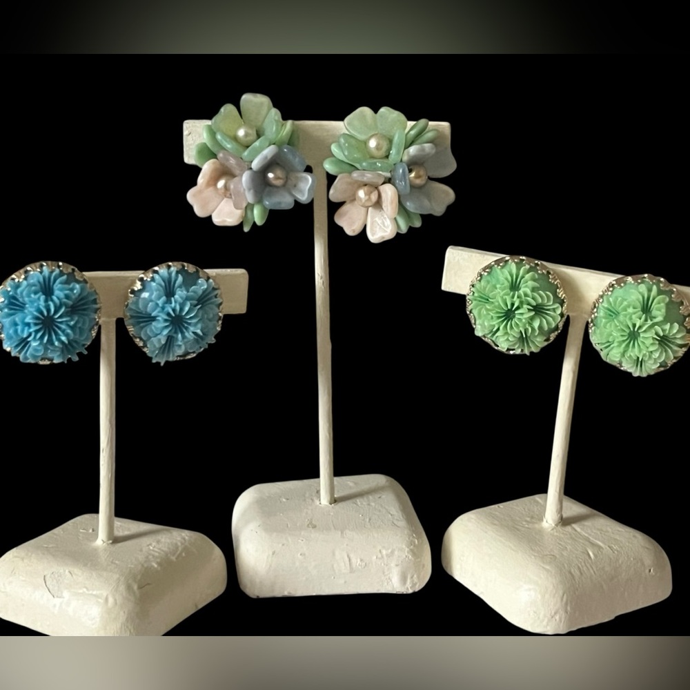 Spring Clip On Earrings Trio Pastel Blues Greens Pink Flowers